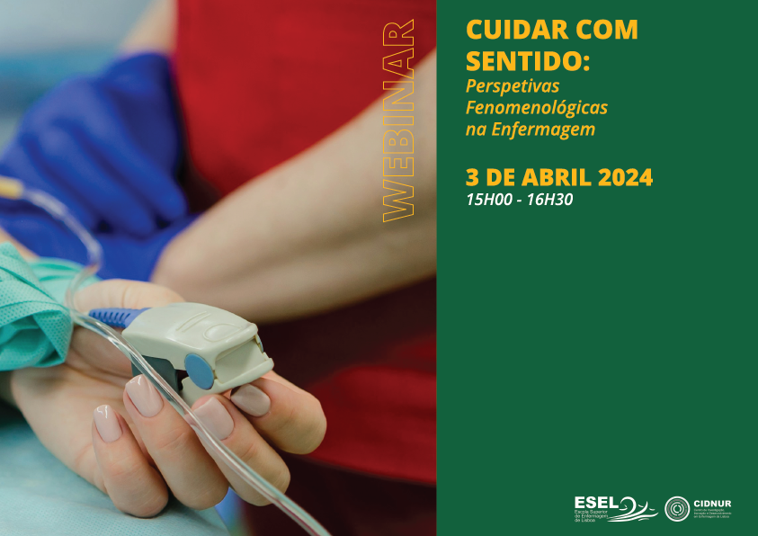 Poster informativo Webinar Cuidar com Sentido no dia 3 de Abril de 2024 entre as 15 horas e as 16 horas e 30